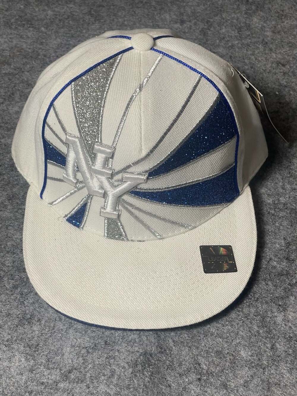 Leader Sports Cap NY New York Glitter Sunburst Fitted Hat White/Blue Size Small